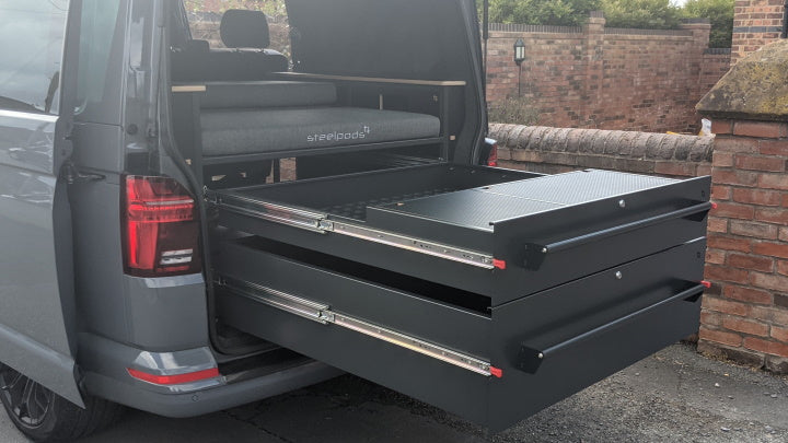 two drawer racking system in a van